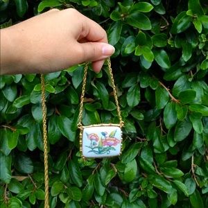 Max Factor 1970s Brass bamboo and floral porcelain locket/perfume holder